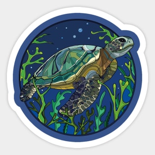 Ocean Harmony: Stained Glass Style Circle Design T-Shirt with Sea Turtle Sticker